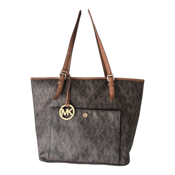 Michael Kors Signature Jet Set Shoulder Bag  Brown Tote MK  Leather Monogram - Picture 1 of 16